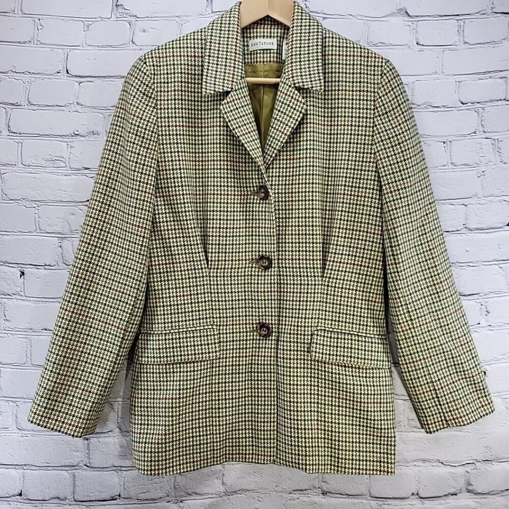 Ann Taylor Wool Blazer Jacket Houndstooth Green Plaid Sz 6 Vintage Y2K
